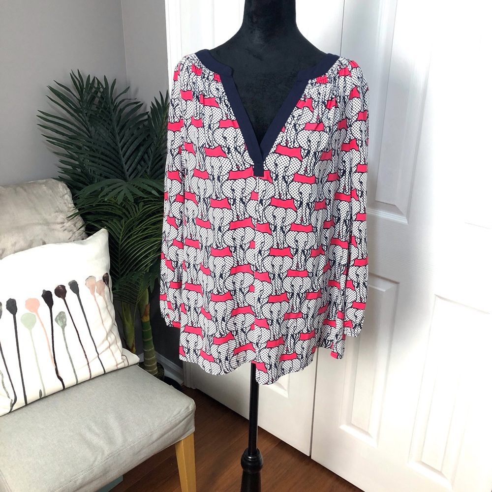 Crown & Ivy Elephant Print Top (Pink & Navy)